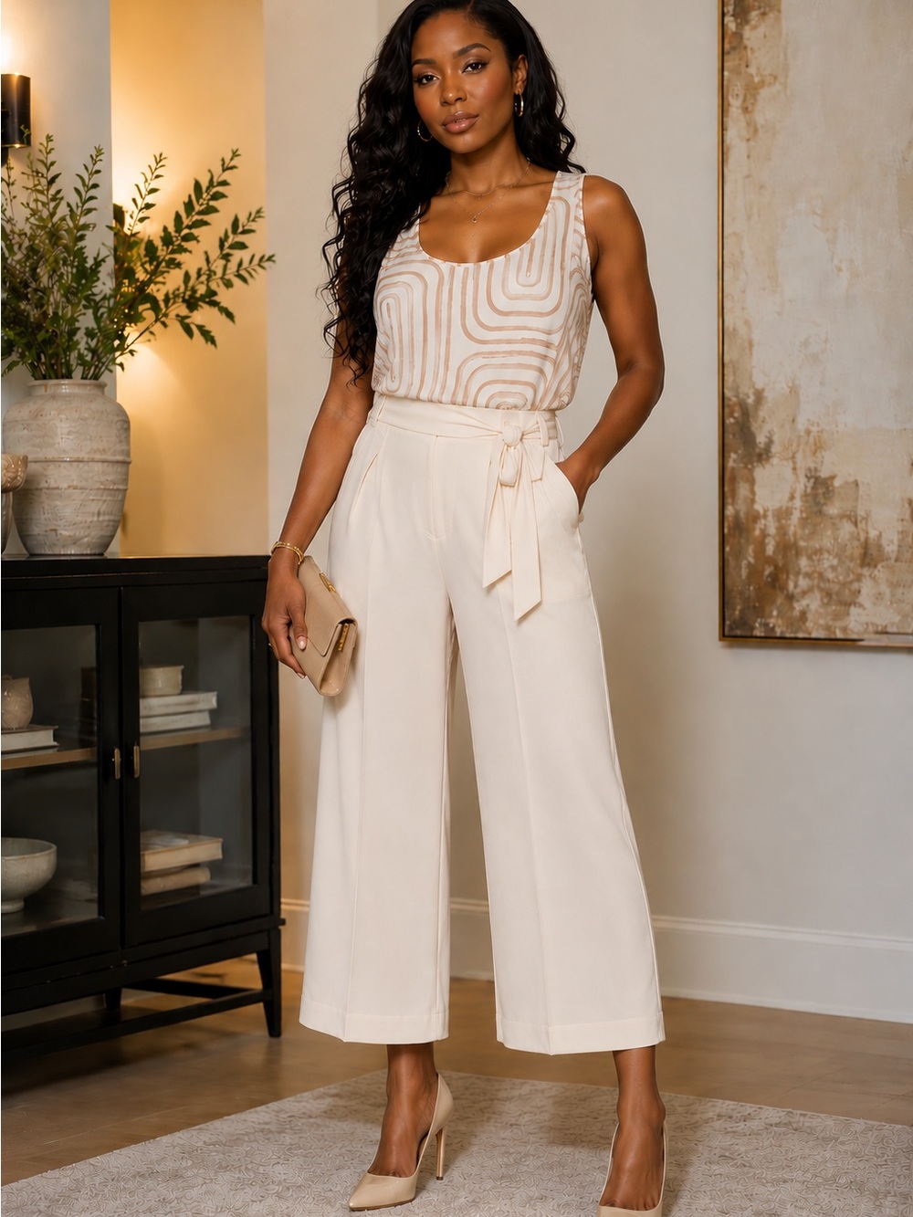 Women’s Cream High-Waist Wide-Leg Pants with Tie Belt